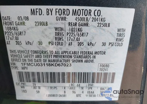2008 Ford Escape Xlt z USA, uszkodzony, nr VIN 1FMCU03118KD67023